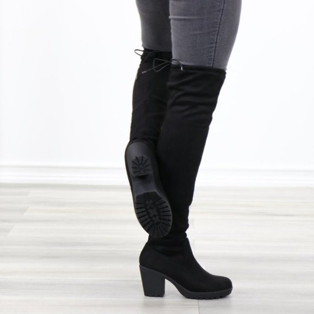 Lug Chunky Heel BlackThigh High Suede Boots - Picture 12 of 16